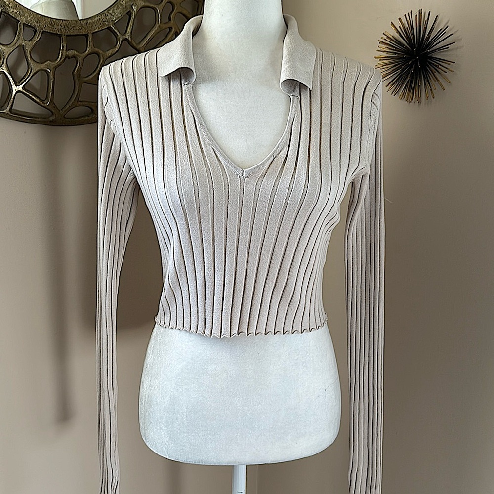 NWT Pebble Gray Ribbed Crop Polo Sweater